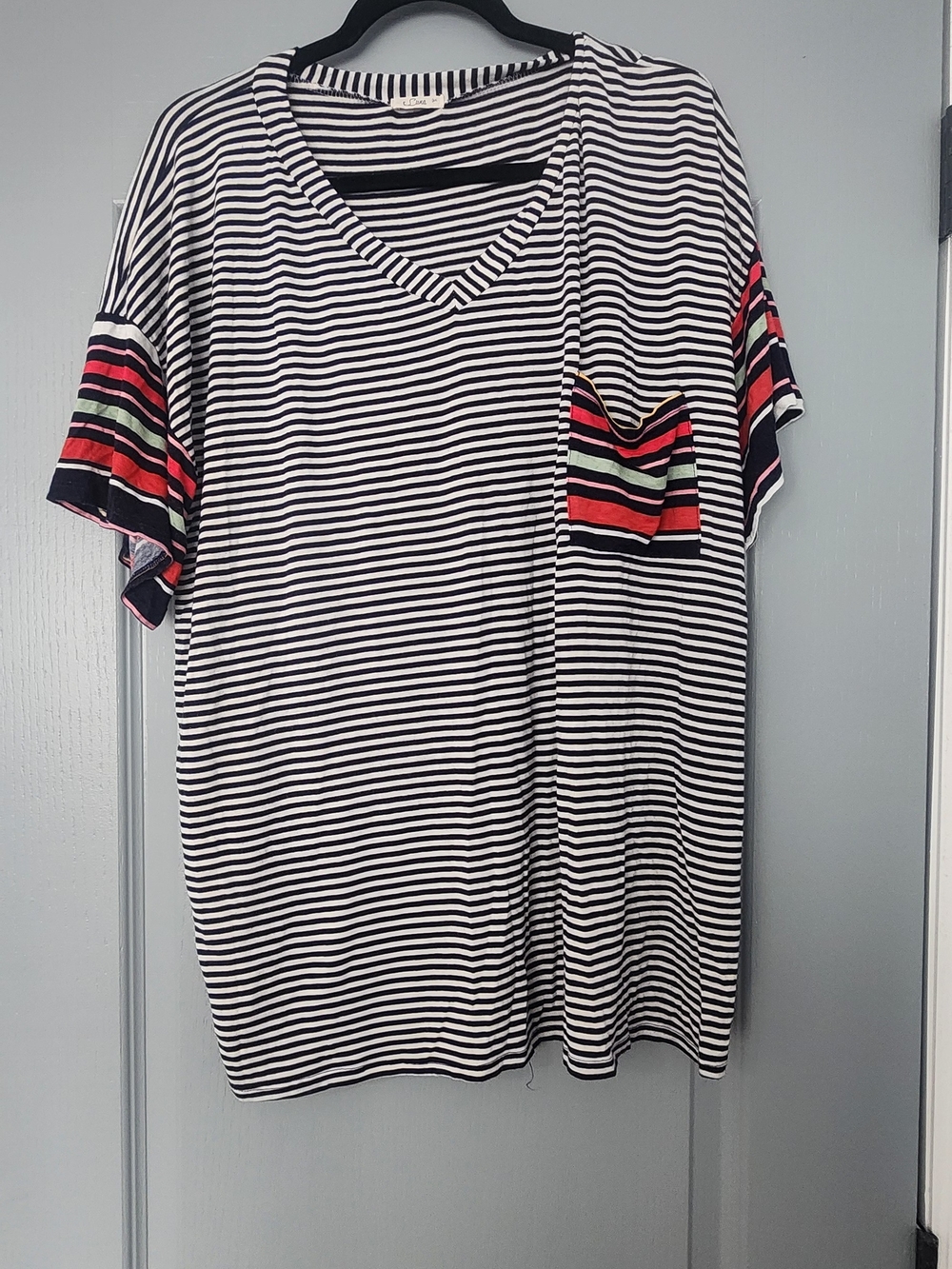 Striped V-Neck Tee with Color Block Pocket